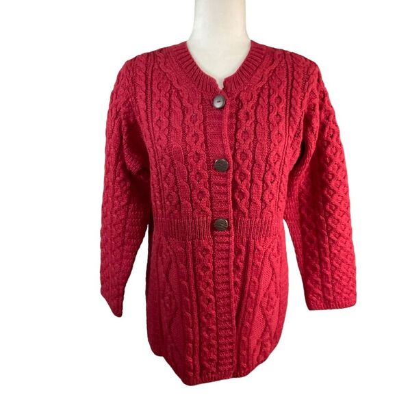 Carraigdonn Red Merino Wool Cable Knit Cardigan Sweater Size M